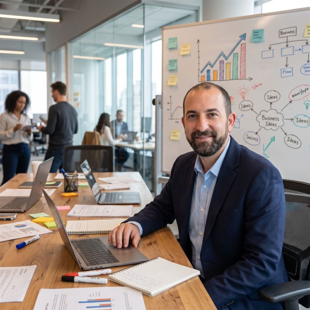 Y. John Ararat leading a strategy session at a whiteboard